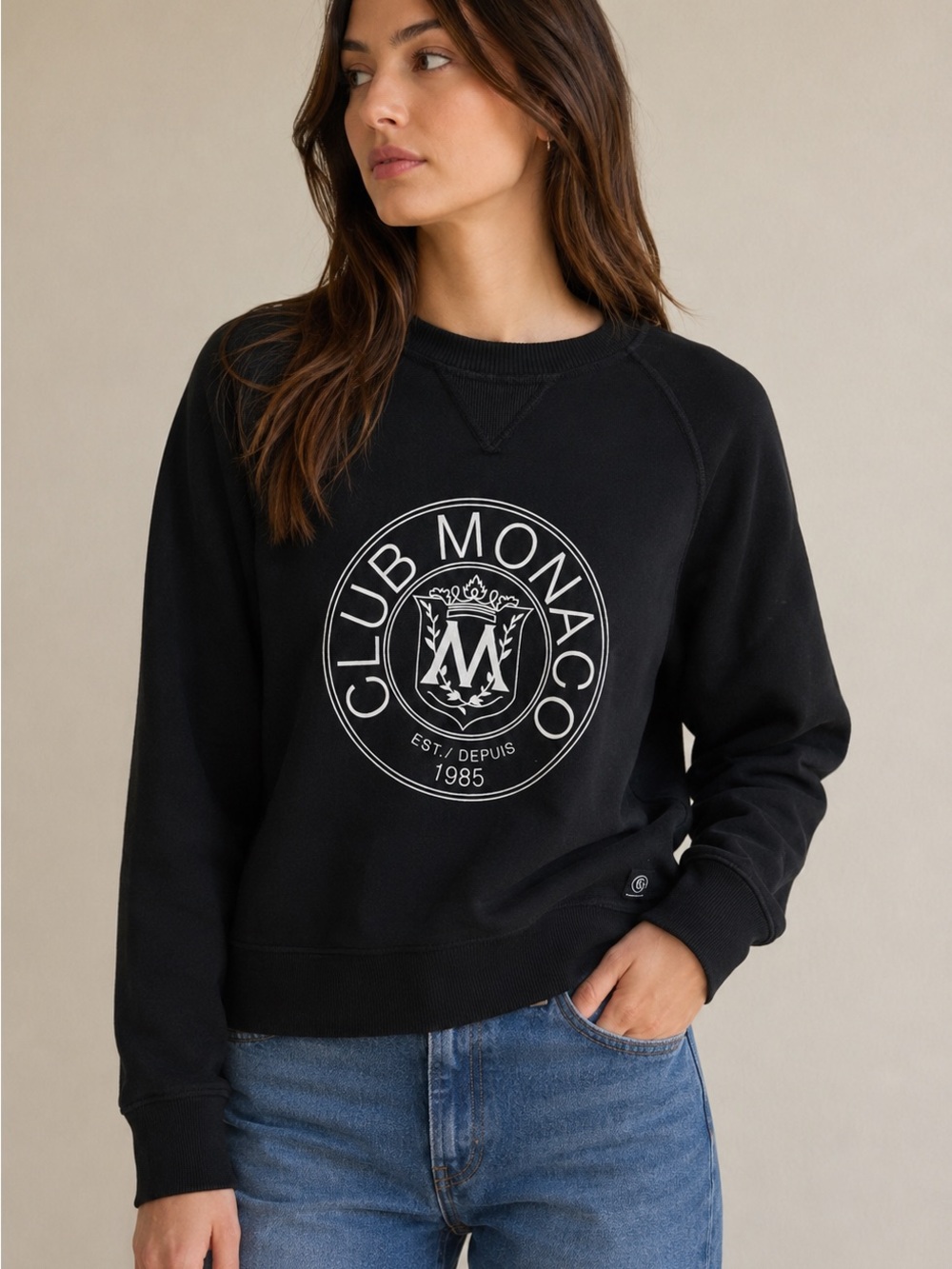 Club Monaco Heritage Black with white 1985 Crest Sweatshirt, SZ Small
